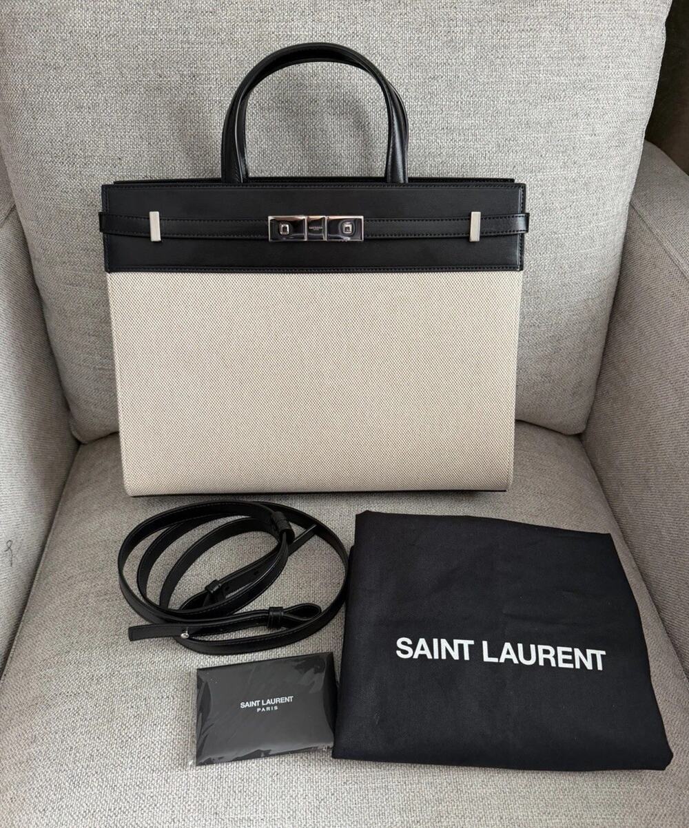 Saint Laurent Beige Canvas Black Calfskin Small Manhattan Bag Shoulder Kelly
